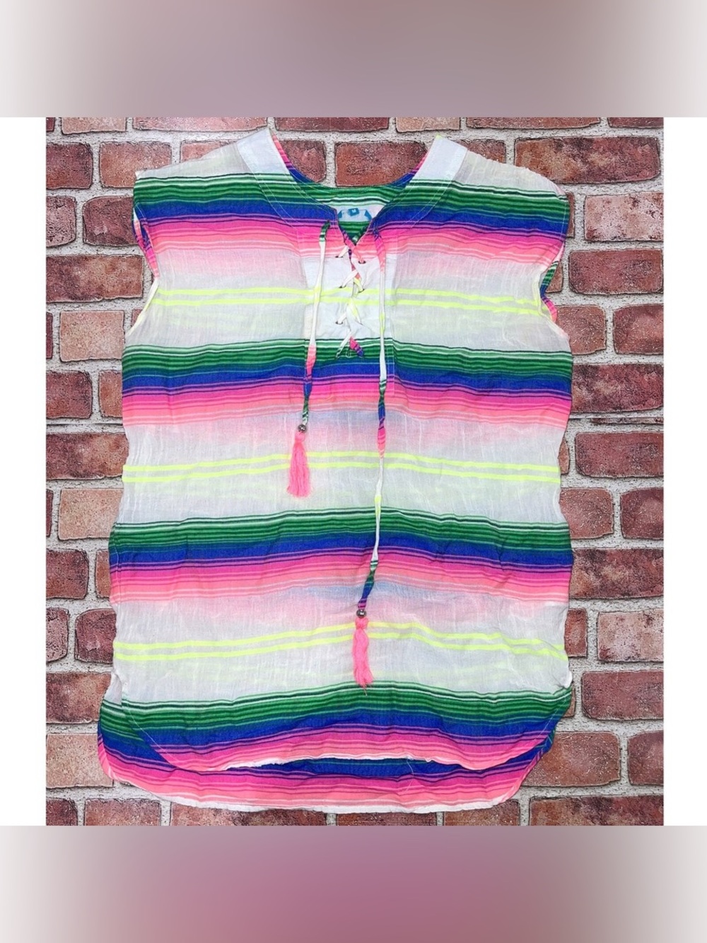 Pre-Owned Blue Island White Swimsuit Cover-up Colorful Neon Striped Tassel Sz M